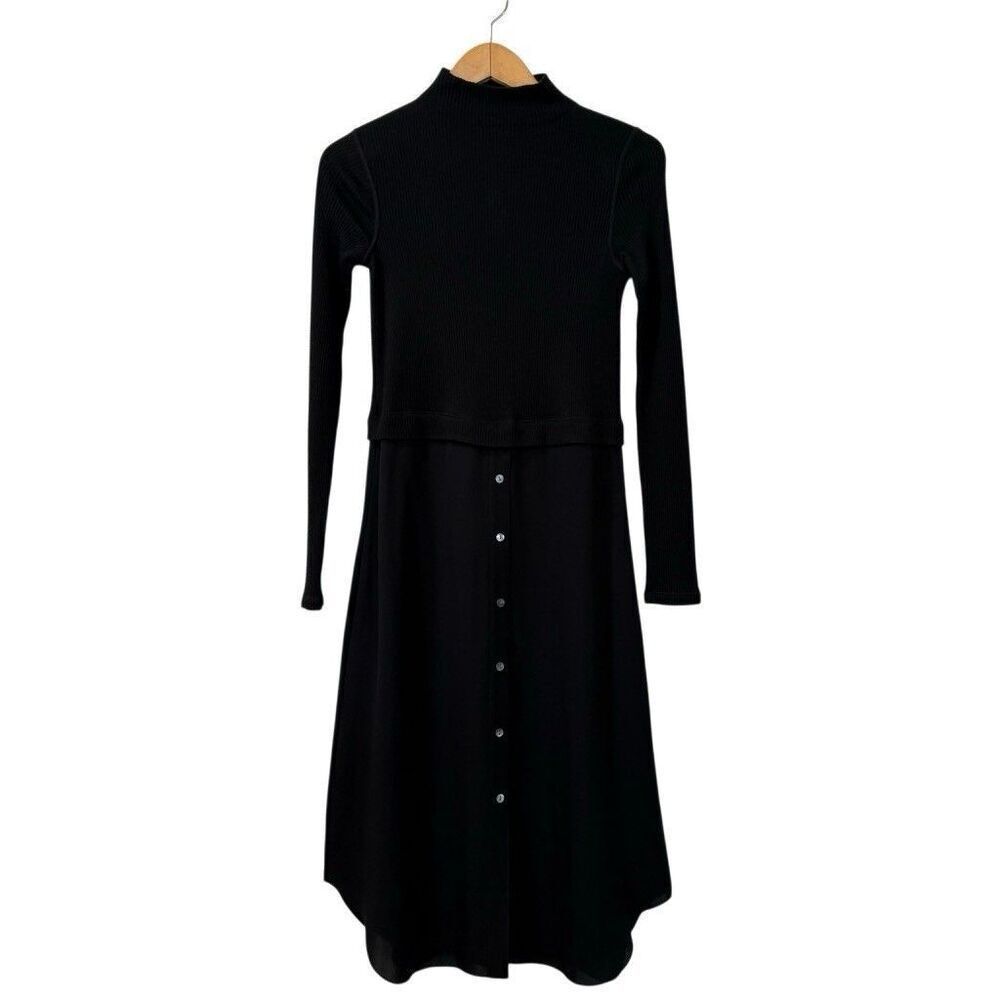 Theory Womens Wool Blend Silk Midi Dress Size P/ XS Long Sleeve Black Dress